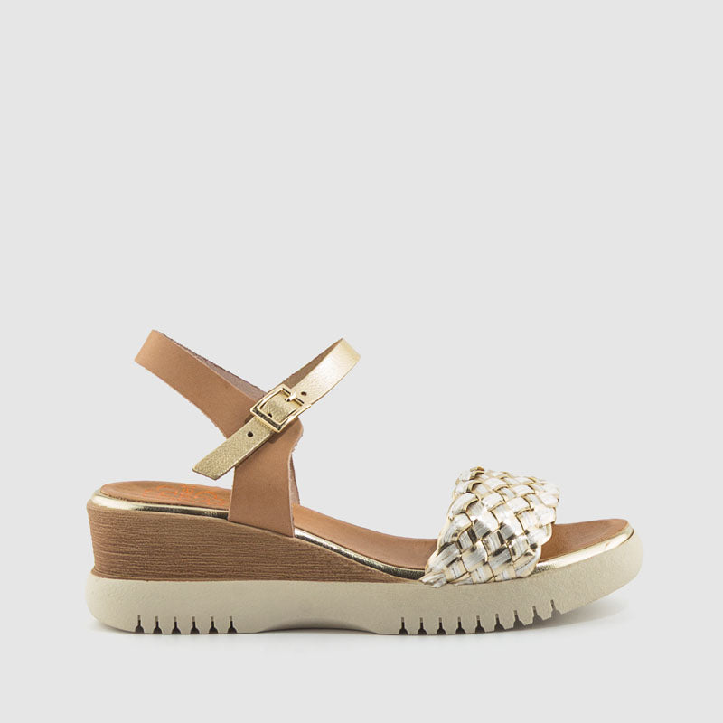 SANDALIA TRENZA PIEL TAUPE ORO