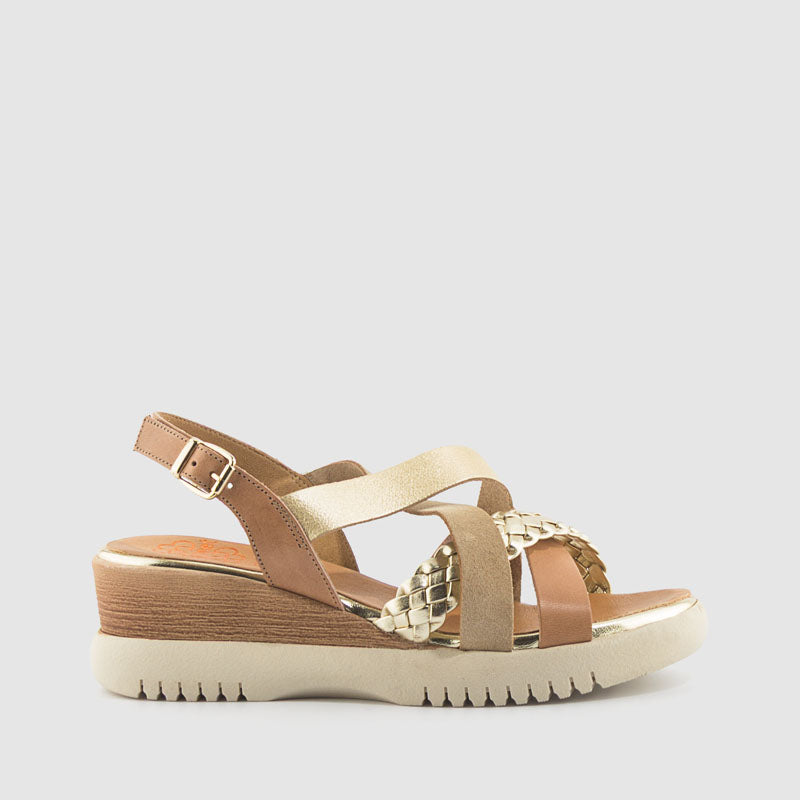 SANDALIA TRENZA PIEL TAUPE ORO