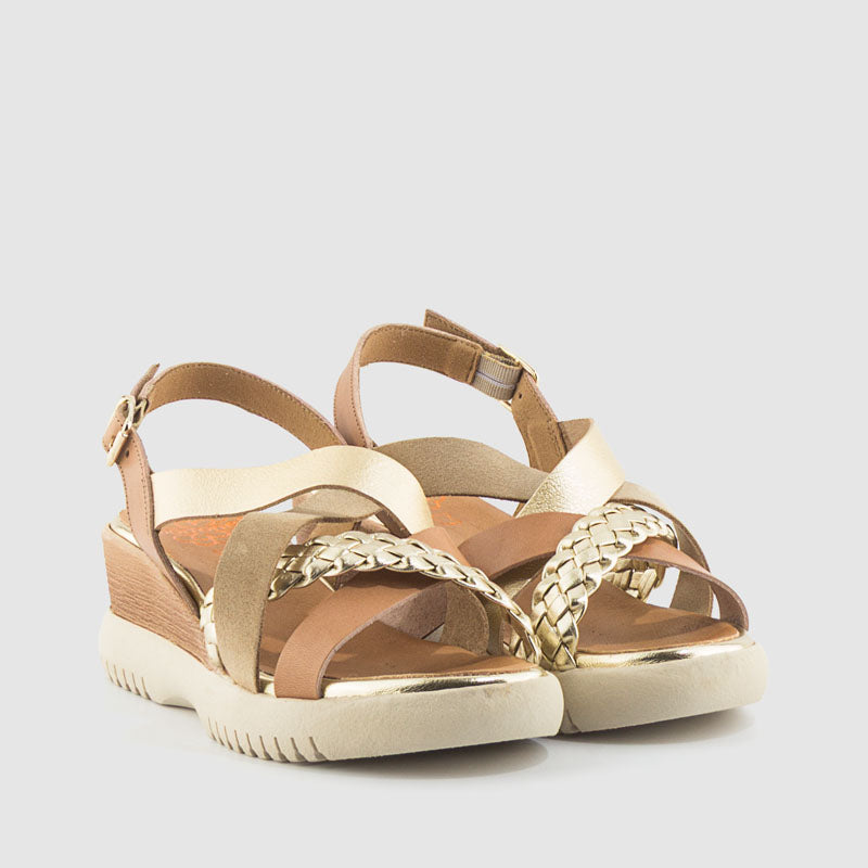 SANDALIA TRENZA PIEL TAUPE ORO