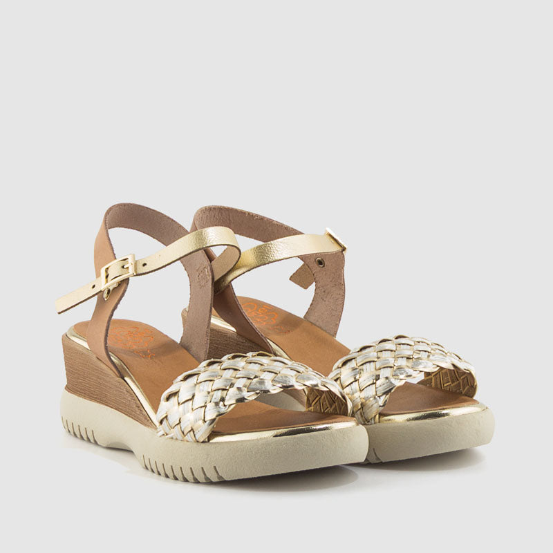 SANDALIA TRENZA PIEL TAUPE ORO